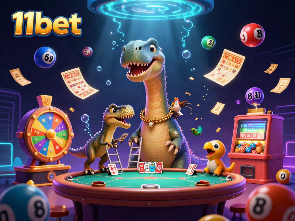 Experience thrilling gameplay at 11bet with a unique casino atmosphere featuring vibrant elements like lottery balls and a playful brontosaurus.