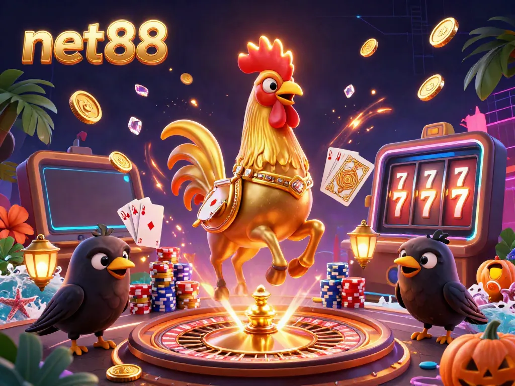Experience thrilling net88 gaming with a vibrant casino illustration featuring a golden rooster and treasure.