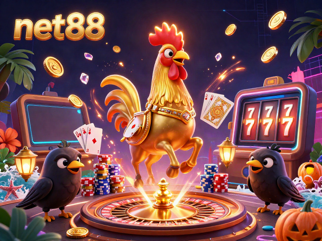 Experience thrilling net88 gaming with a vibrant casino illustration featuring a golden rooster and treasure.