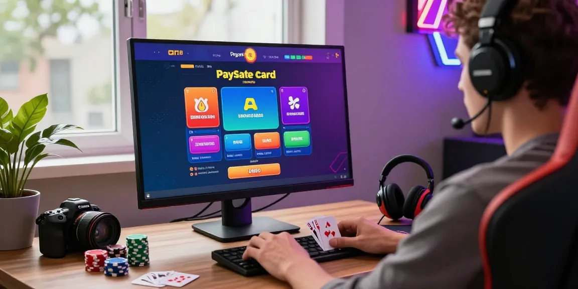Engagierter Spieler genießt eine Spielsession in einem Paysafe Card Casino mit buntem Bildschirm und Zubehör.