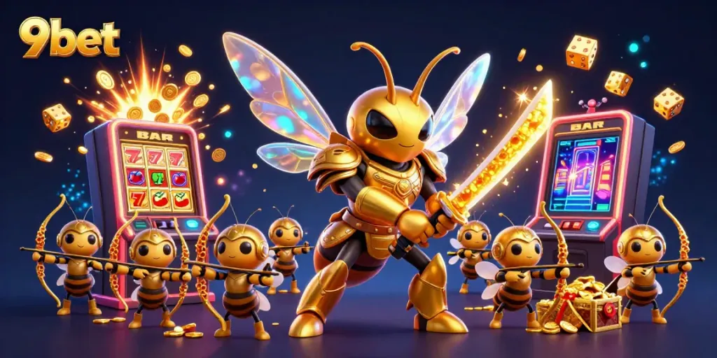 Engage with a vibrant 9bet scene showcasing a 3D cartoon giant golden hornet and exciting casino elements, celebrating wins.