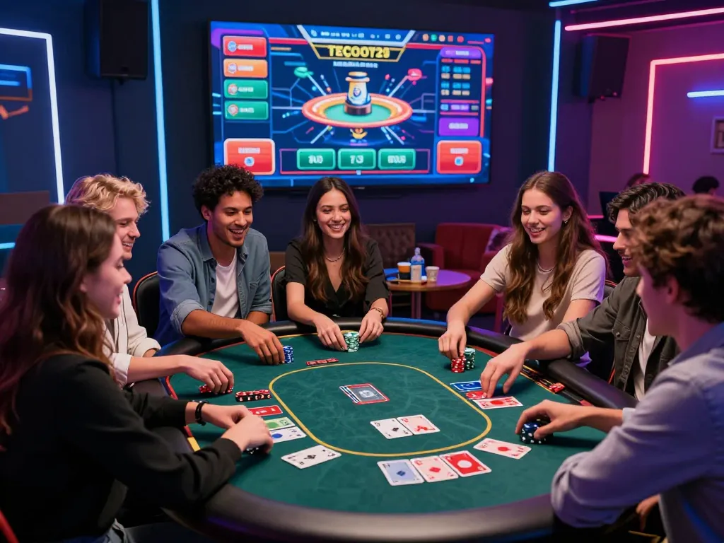 Friends enjoying online poker at MM88 casino, vibrant atmosphere with interactive gaming elements.