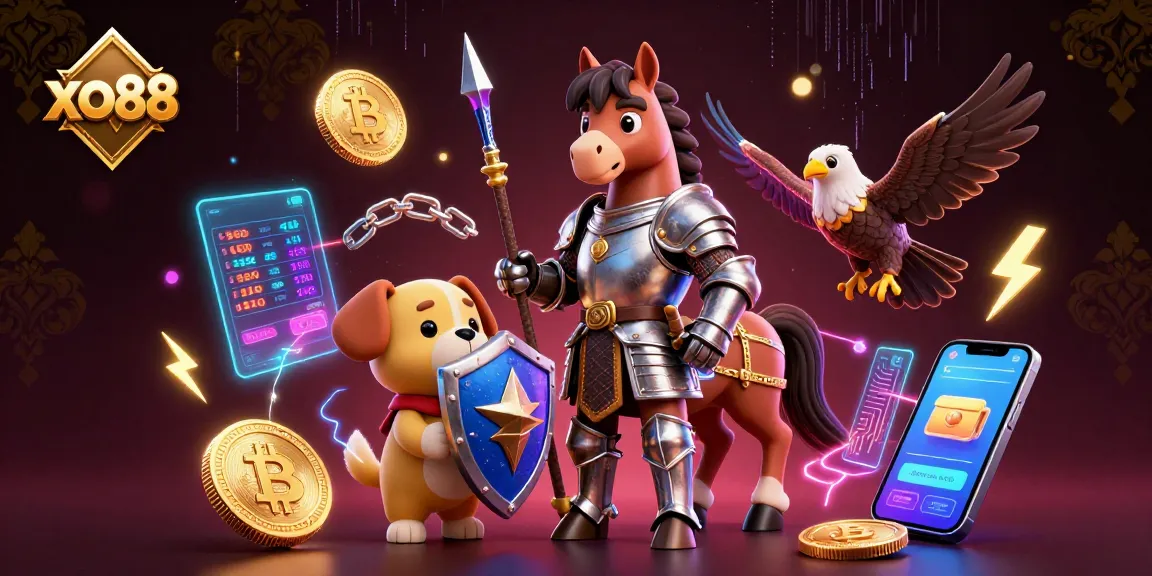 Experience the thrill of crypto gaming with xo 88 featuring knights, puppies, and digital coins in an exciting casino scene.
