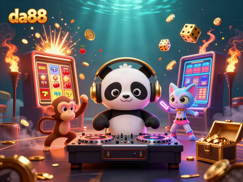 Experience captivating gaming at da88 with slot machines, DJ panda, and vibrant Rave characters.