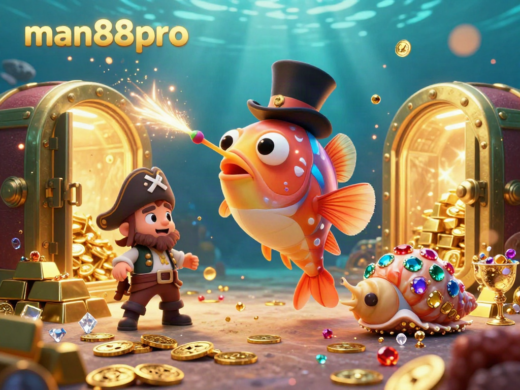 man88pro anglerfish attracts coins in a vibrant underwater casino scene with treasures, jewels, and dynamic lighting.