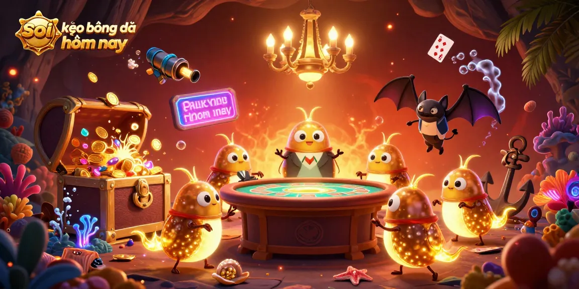 Soi kèo bóng đá hôm nay illuminated by glowworms in a vibrant casino scene with gold coins and gems