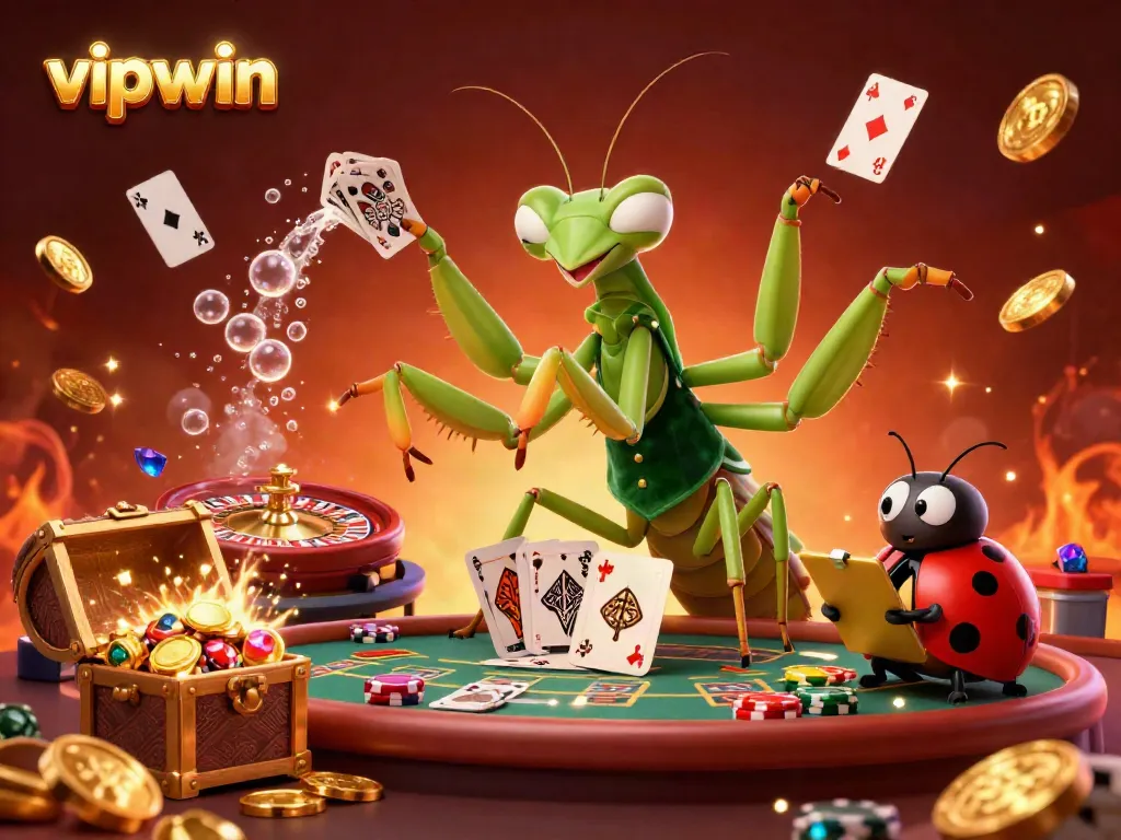 Join the excitement at vipwin with this vibrant 3D casino scene featuring a mantis dealer and ladybug pit boss.